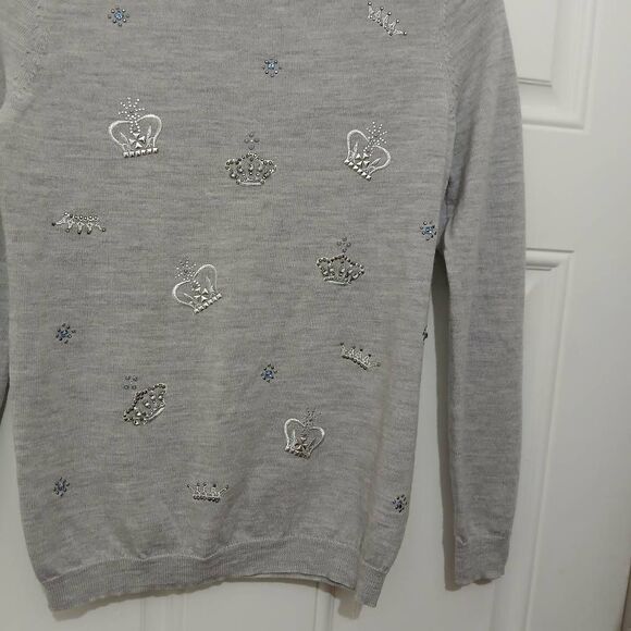 Talbots womens small crown rhinestone crewneck sweater Merino Wool gray - Picture 6 of 9